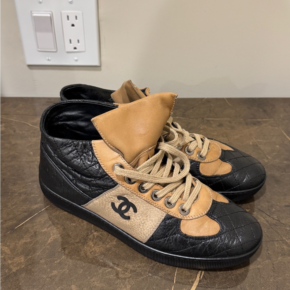 Chanel Black and Beige High Top Sneakers